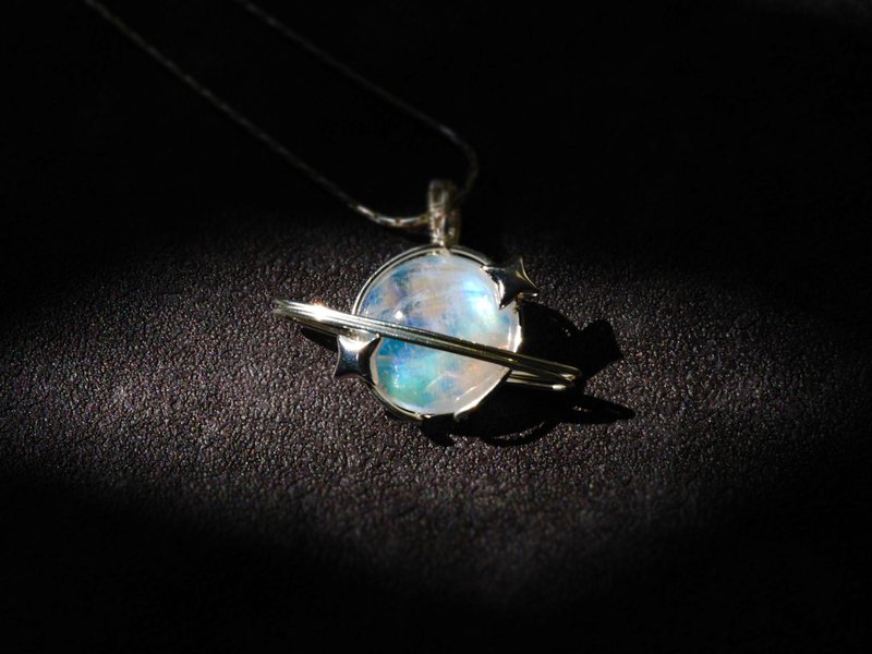 月亮石星球吊咀连颈链 - 项链 - 纯银 