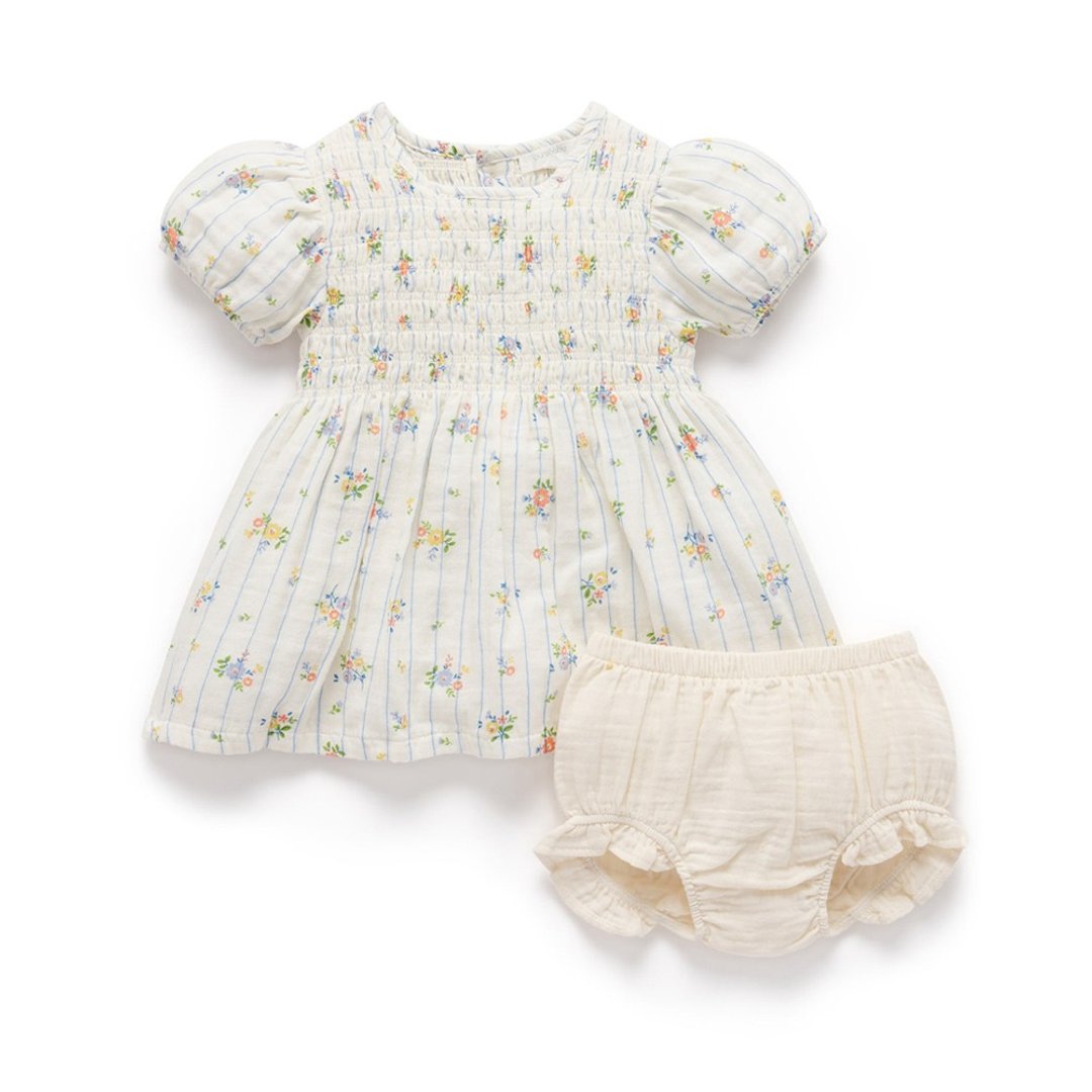 澳洲Purebaby有机棉女童短袖洋装/童装裙 18M-4T 白色花卉条纹 - 童装裙 - 棉 