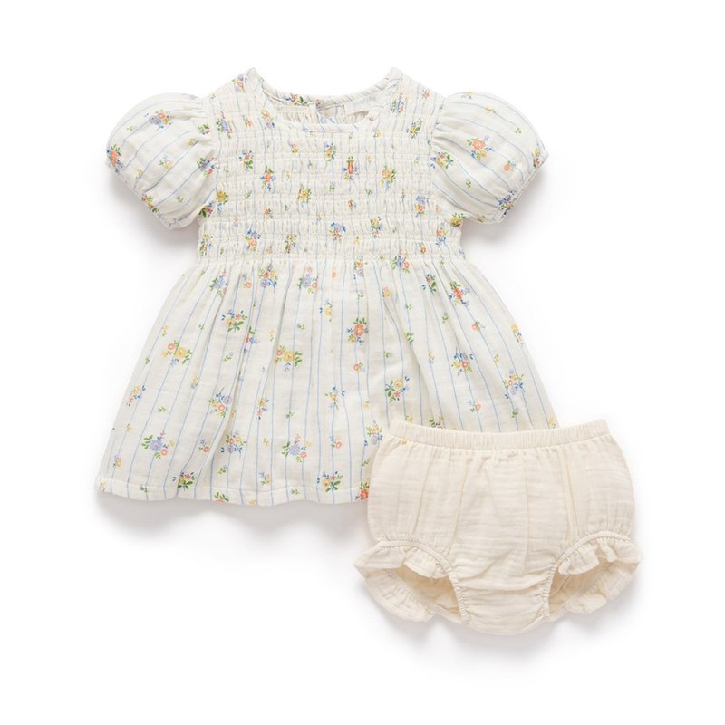 澳洲Purebaby有机棉女童短袖洋装/童装裙 18M-4T 白色花卉条纹 - 童装裙 - 棉．麻 