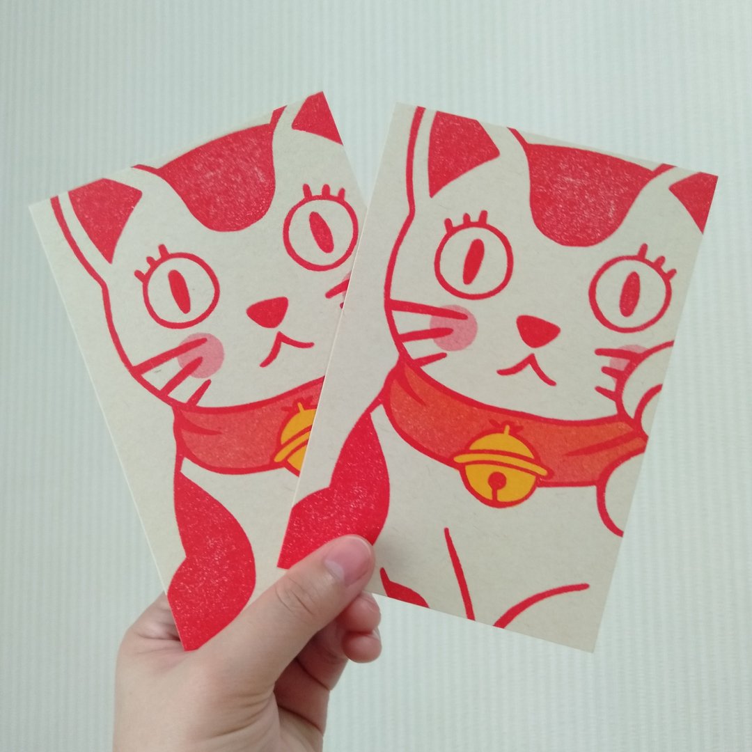 招财猫明信片一组两张 - 卡片/明信片 - 纸 红色