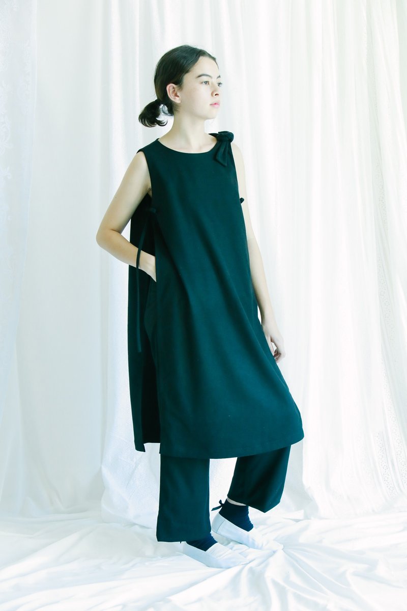 无袖高衩假两件连衣裤 - 背带裤/连体裤 - 棉．麻 黑色