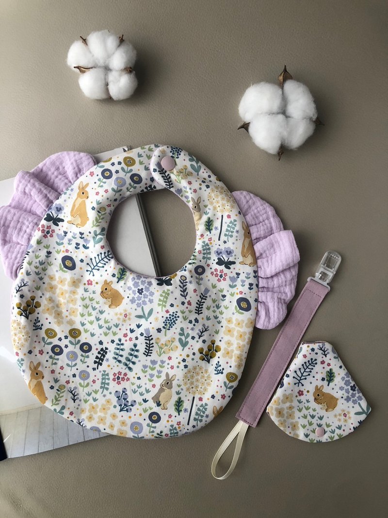 定制订单/粉紫色兔兔花园  飞飞袖围兜兜 新生儿礼盒(赠礼盒) - 围嘴/口水巾 - 棉．麻 紫色