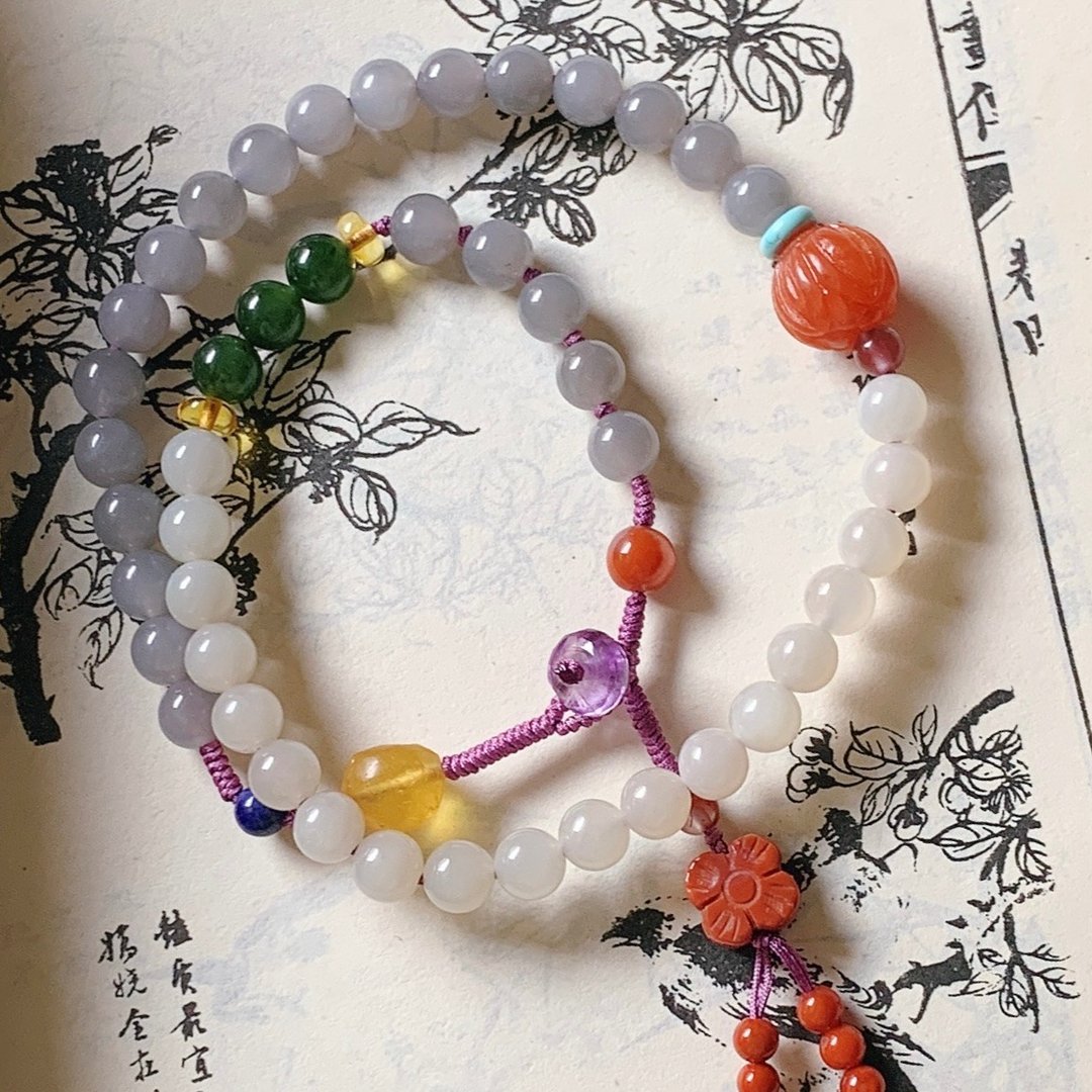 紫竹调。天然烟紫和田玉碧玉保山南红莲花珠满肉雕刻花双圈手链 - 手链/手环 - 玉石 多色