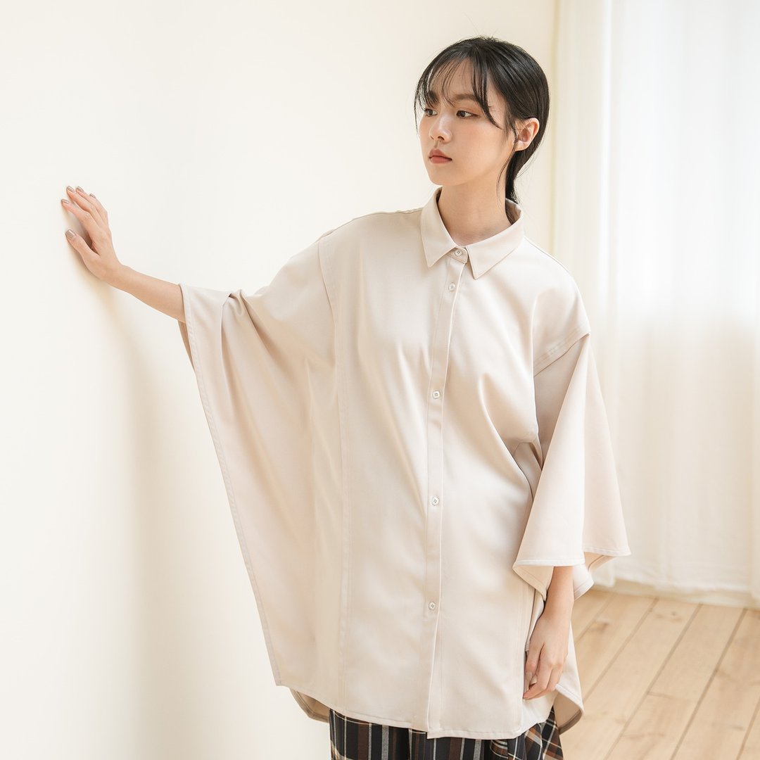 Flutter_翩飞立体宽松衬衫_20AF050_木暮 - 女装上衣 - 聚酯纤维 卡其色