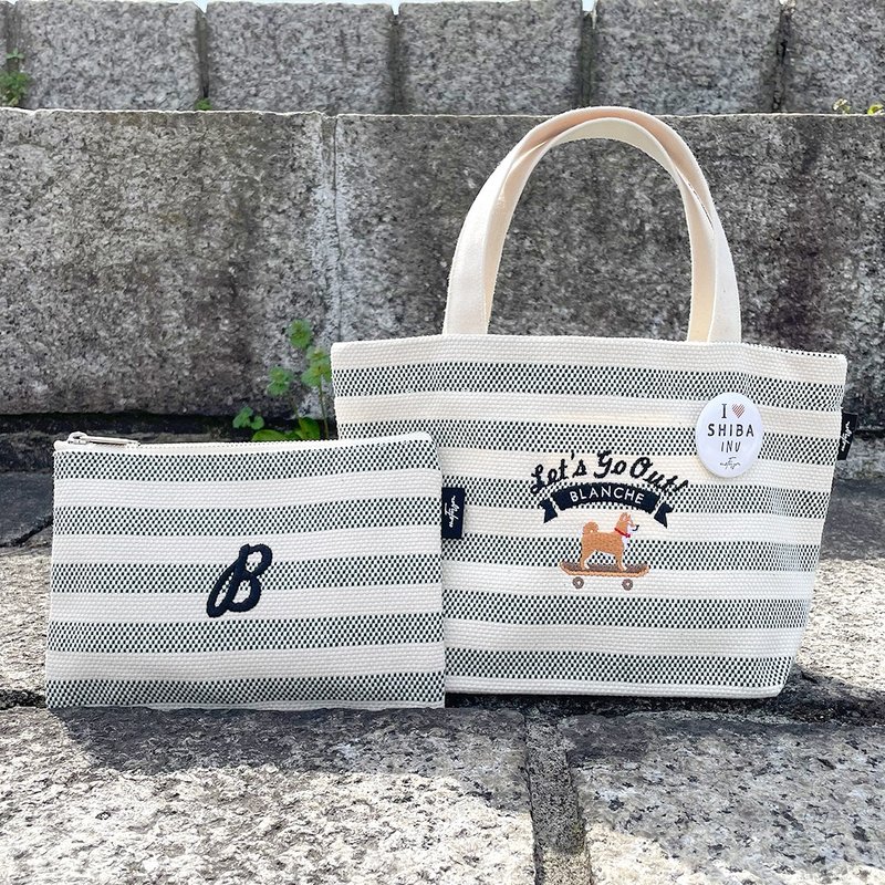 Personalized Shiba Inu Takeyari Canvas Mini Tote Bag & Pouch Set - 手提包/手提袋 - 棉．麻 白色