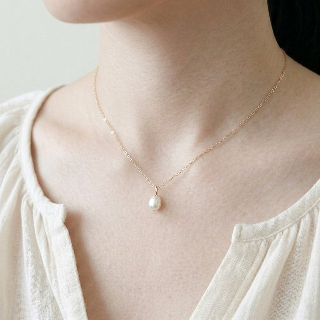 典雅优质 淡水珍珠 蛋型 14Kgf 包金裸感项链 锁骨链 - 项链 - 珍珠 白色