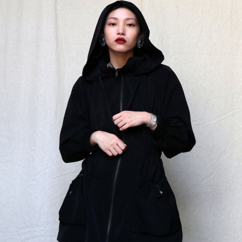 南瓜Vintage。古着 黑色 拉链 束腰 连帽 外套 - 中性连帽卫衣/T 恤 - 其他材质 黑色