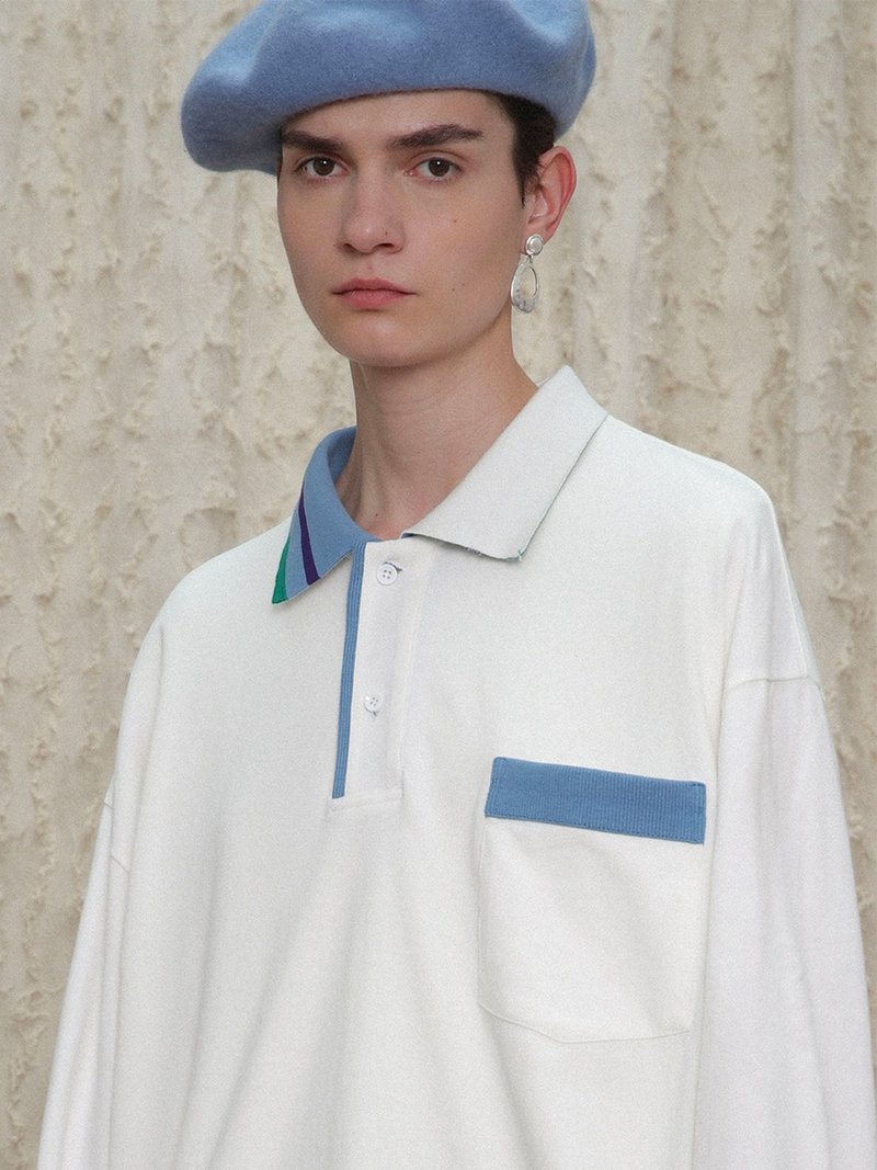 UNVESNO拼接领子潮牌Polo领长袖t恤男春秋潮流ins秋装 SWS-1419 - 男装上衣/T 恤 - 棉．麻 白色