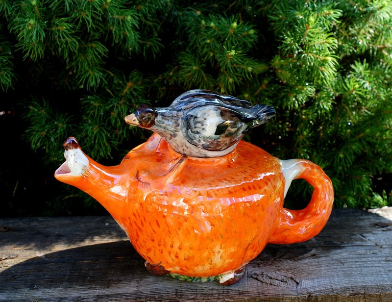 Handmade ceramic teapot Fox duck sculpture Bright orange Figurine teapot - 茶具/茶杯 - 瓷 多色