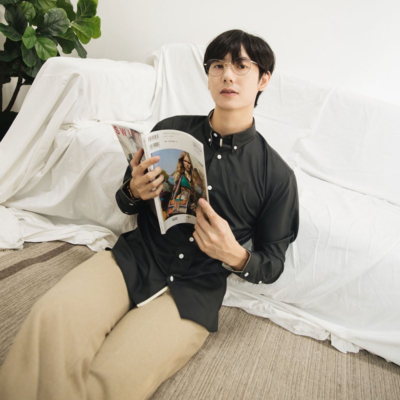 (尺寸 S) 精品 // 黑色 // 男士修身款 - 男装衬衫 - 棉．麻 黑色