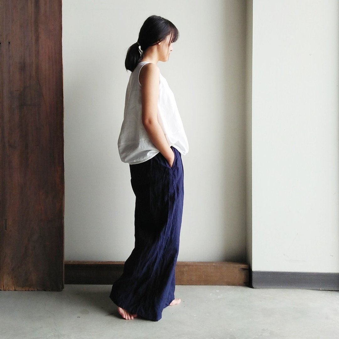 亚麻单折宽裤   亚麻 深蓝/可选色 - 女装长裤 - 棉 蓝色