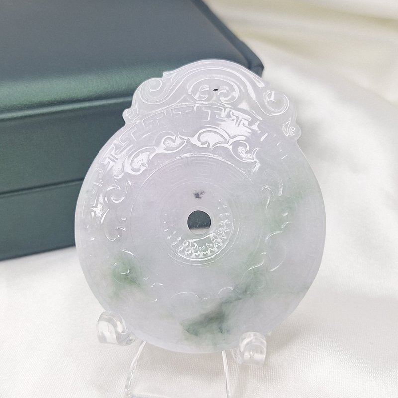 冰紫罗兰飘花 古璧纹 平安扣 平安牌  | 天然缅甸玉A货翡翠 - 项链 - 玉石 
