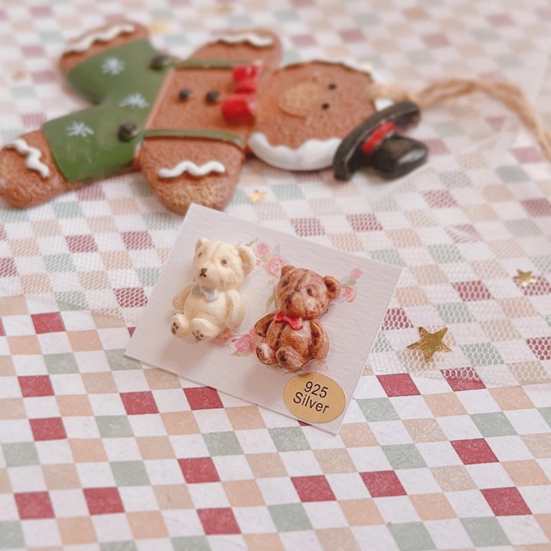 手绘 迷你雾面感复古风 小熊 咖啡色/奶白色 - 耳环/耳夹 - 粘土 金色