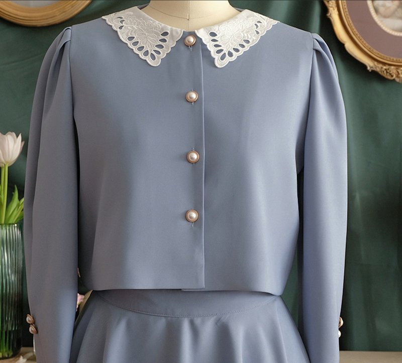 【手工制作】法式复古上衣/半裙 - 洋装/连衣裙 - 其他材质 蓝色