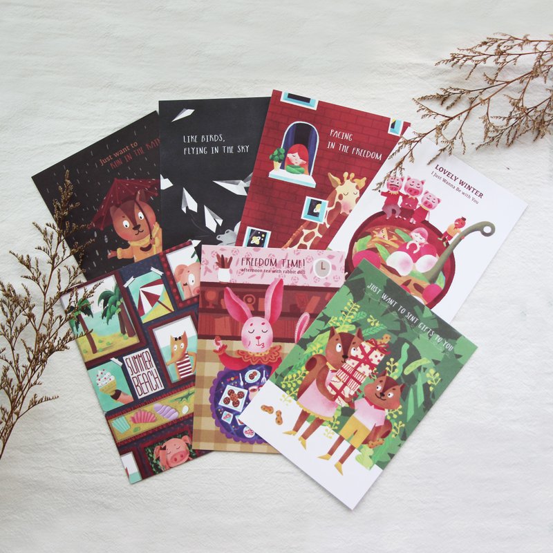 疗愈动物插画明信片组 - 卡片/明信片 - 纸 多色