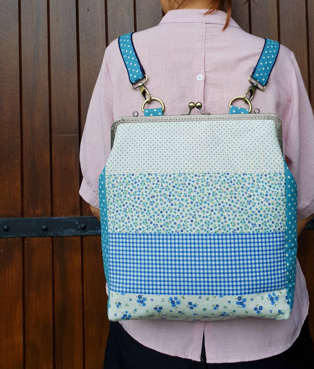 Convertible large sized metal frame bag / backpack - mini flower - 后背包/双肩包 - 棉 