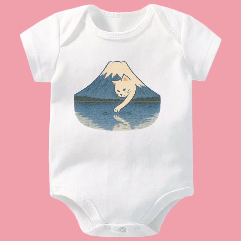 富士山猫爱捞鱼 宝贝 新生儿 短袖包屁衣 - 包屁衣/连体衣 - 棉．麻 白色