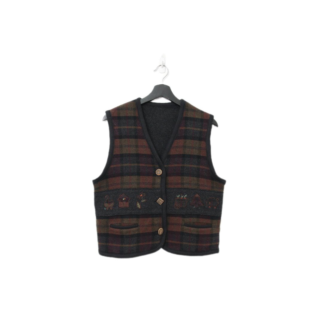 Back to Green-复古毛料背心 栗色格纹 花朵 v-25/sweater vest - 女装背心 - 羊毛 