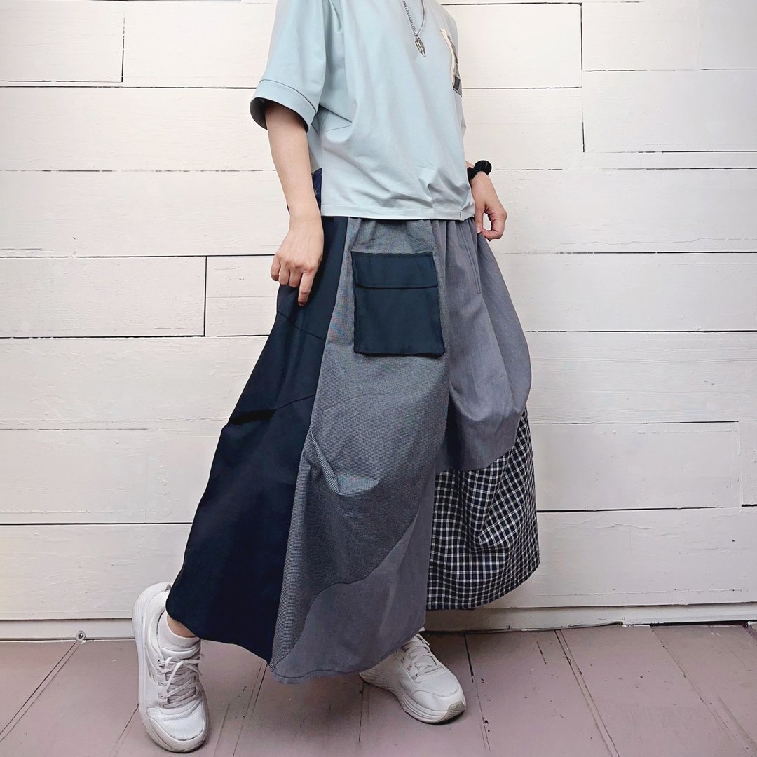 黑细黑格 - 拼接抓褶造型长裙 #T6077 - 裙子 - 棉 黑色