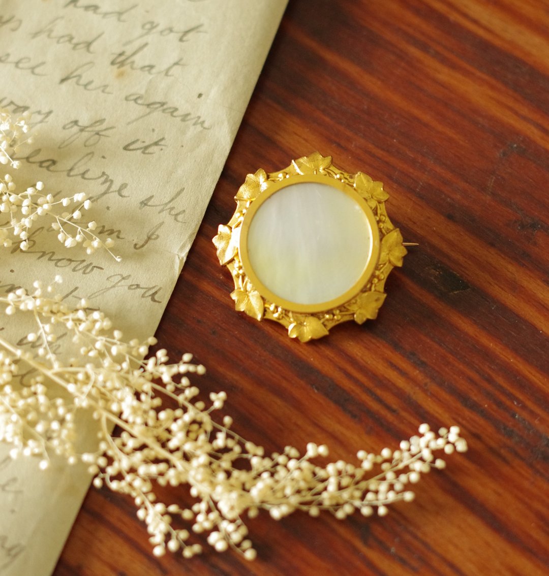 Antique骨董金色新艺术叶片珍珠贝别针法国 Bijoux Fix B1377 - 胸针 - 其他金属 金色