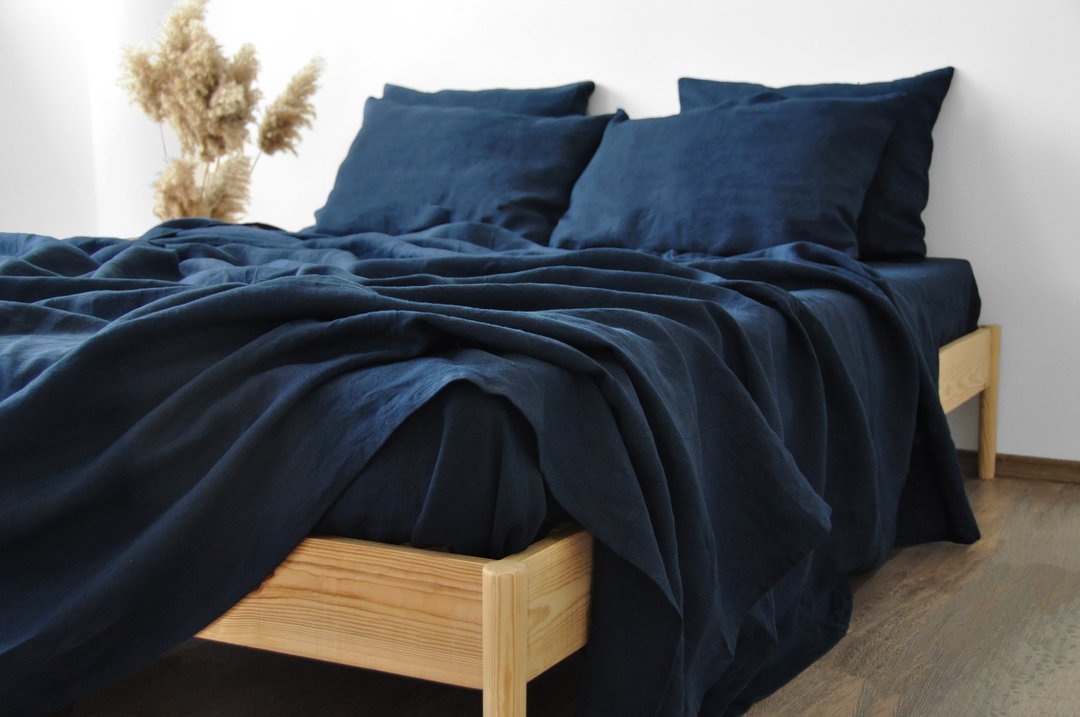 Navy linen sheet set / Flat+fitted sheet+2 pillowcases / Blue bedding - 寝具 - 亚麻 蓝色