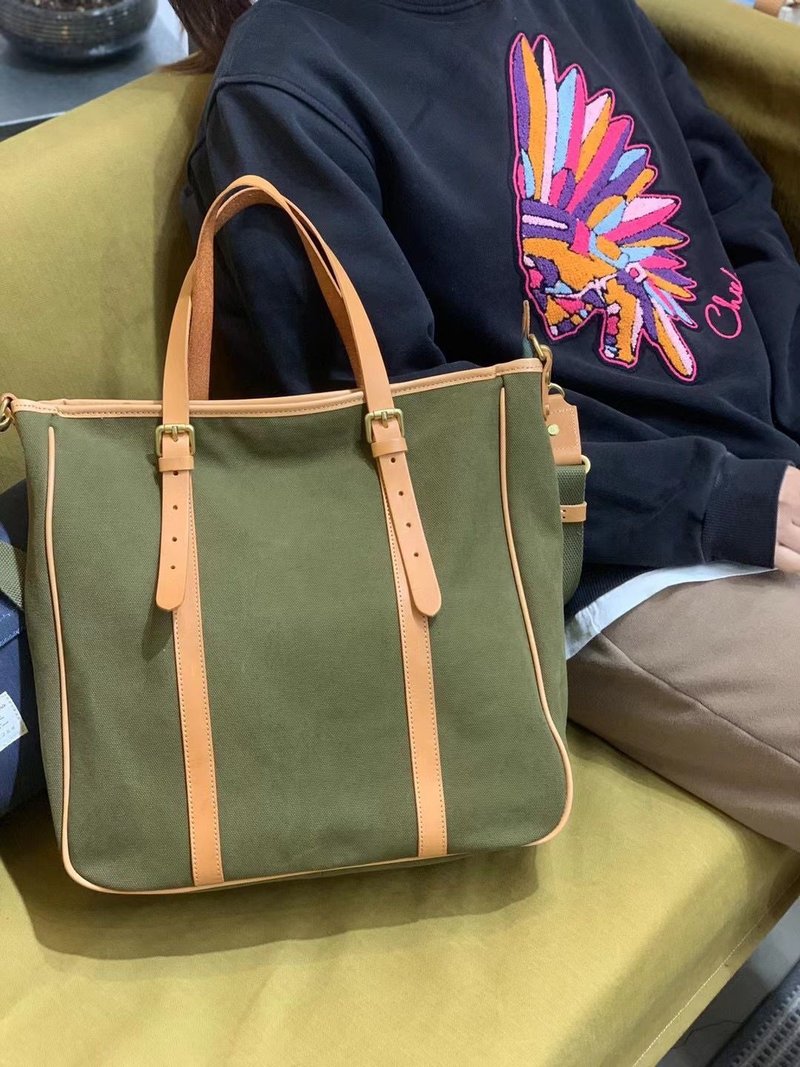 手提斜挎帆布包+植鞣牛皮/托特包/手提包/Tote/橄榄绿 - 手提包/手提袋 - 真皮 绿色