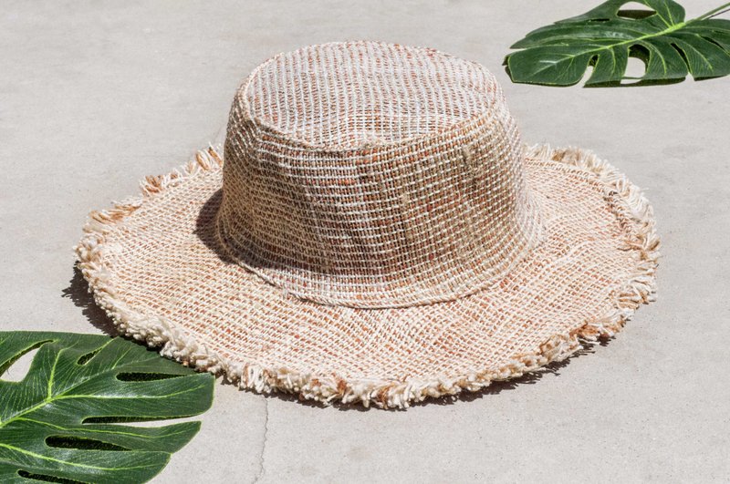 手织棉麻帽 渔夫帽 遮阳帽 拼布帽 手工编织绅士帽 -橘子汽水条纹 - 帽子 - 棉．麻 橘色