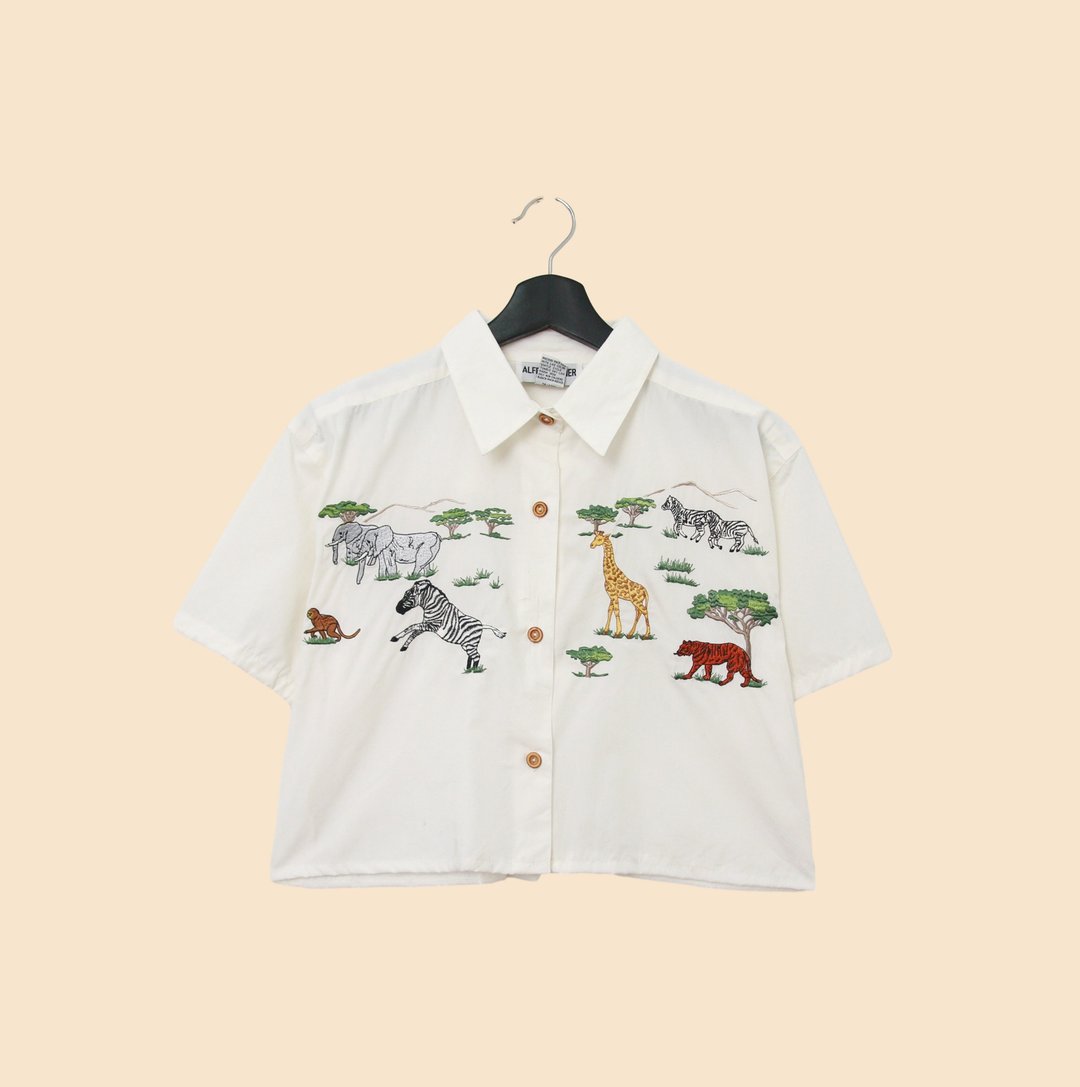 Back to Green- 再制刺绣宽松衬衫 动物迁徙 vintage shirt - 女装衬衫 - 棉 