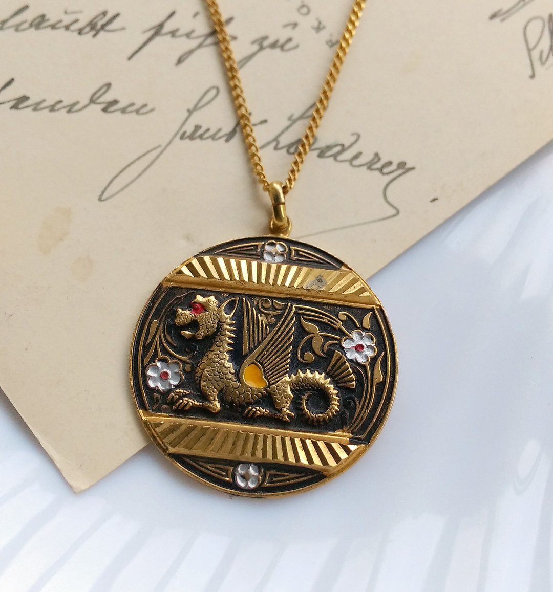 DAMASCENE 西班牙大马士革首饰 神兽 项链。西洋古董饰品 - 项链 - 其他材质 金色