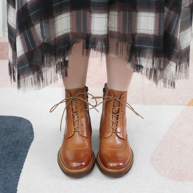 遇见探险家!侧拉链绑带靴 棕 真皮靴【Major Pleasure】-蜜胡桃 - 女款短靴 - 真皮 咖啡色