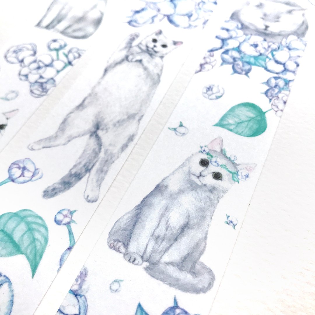 纯白的 花与猫 纸胶带  慵懒 灰猫 萌萌 蓝猫 - 纸胶带 - 纸 白色