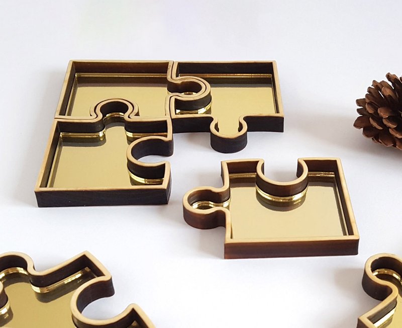 Jigsaw puzzle type wooden accessory case shallow - 收纳用品 - 木头 金色