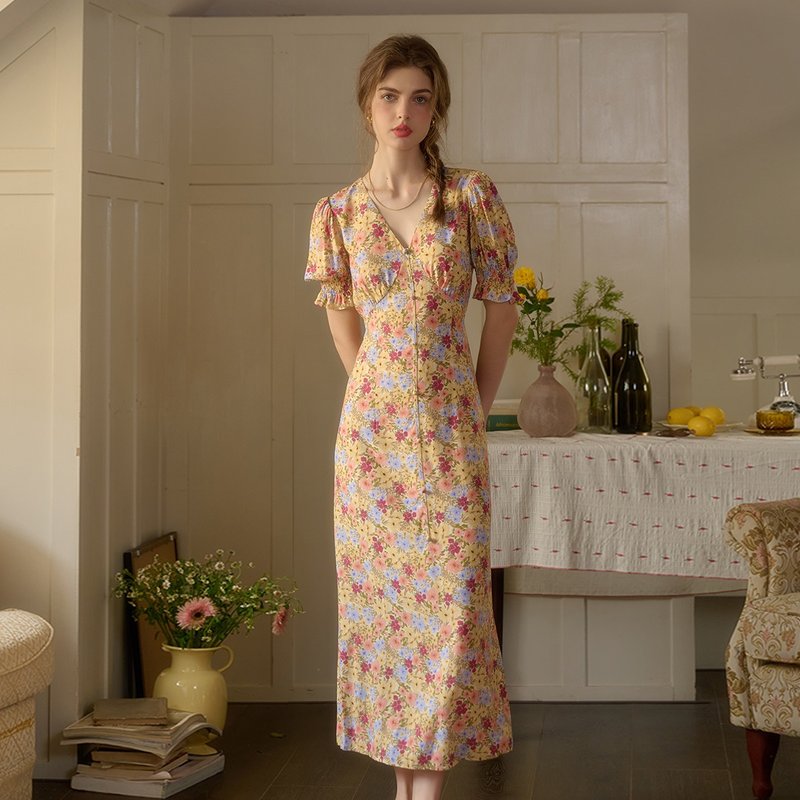 Isabella 法式V領多巴胺印花洋裝 - 洋装/连衣裙 - 其他材质 