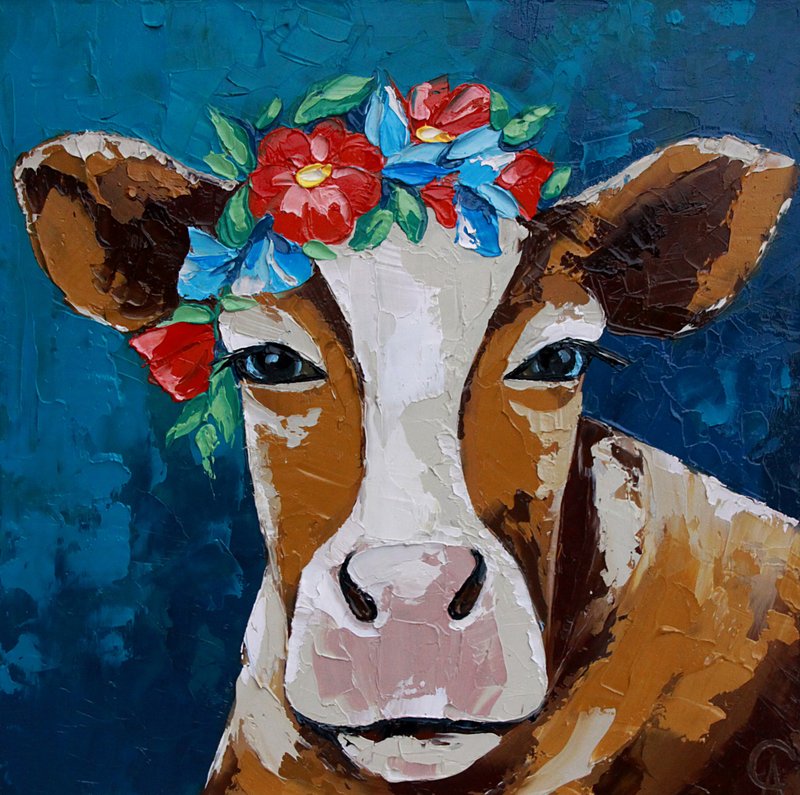 Cow Painting Farm Animal Original Art Small Oil Artwork 25 by 25 cm - 海报/装饰画/版画 - 其他材质 蓝色