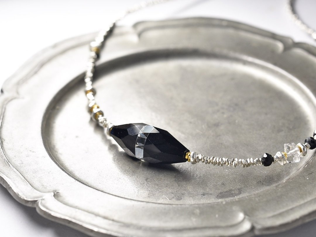 Monotone Old Swallow and Herkimer Diamond, Black Tourmaline, Karen Silver Necklace - 项链 - 其他金属 