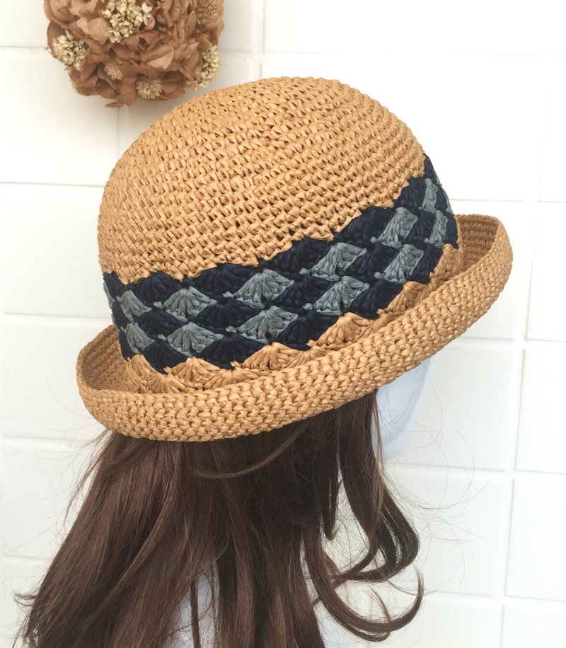 欢乐只是惊叹号编织散步草帽/遮阳帽/防晒/纸拉菲草   蓝灰色系 - 帽子 - 纸 卡其色