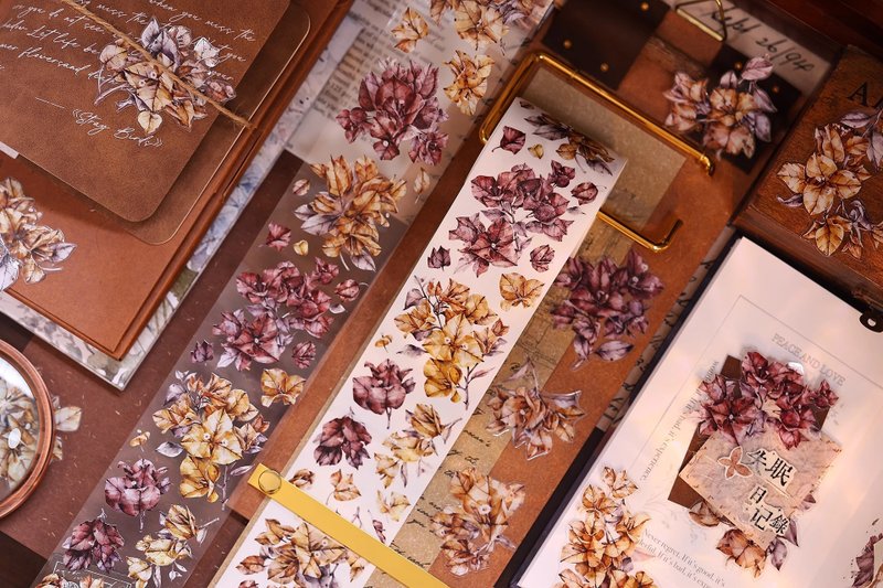 三角梅 轻复古茶棕色花卉和纸PET手帐拼贴胶带 - 纸胶带 - 其他材质 多色