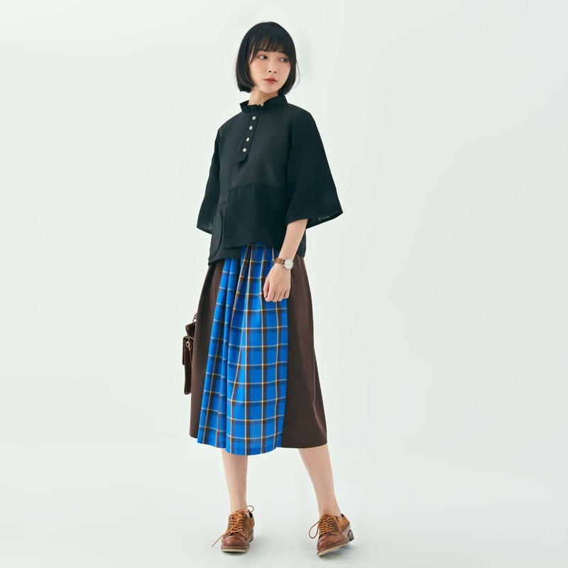 秋季新品|层次内搭国风感|拼接日系|棉質簡約|中袖口袋|立领上衣 - 女装上衣 - 棉．麻 黑色