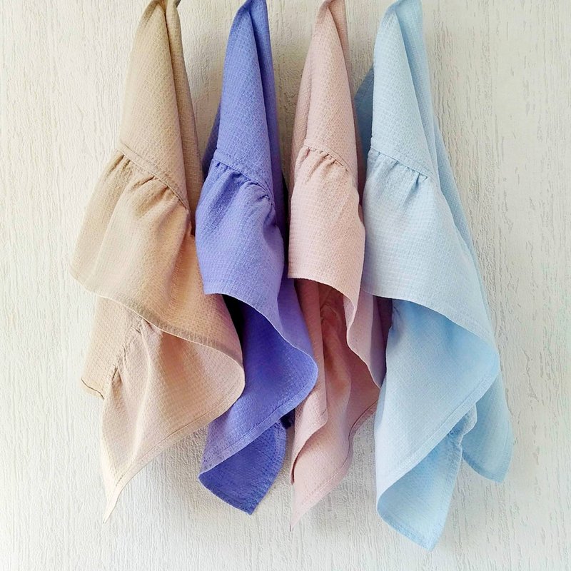 厨房织纹毛巾组（4 入），亚麻棉荷叶边抹布，适合赠送主人的礼物点子 - 毛巾浴巾 - 亚麻 粉红色