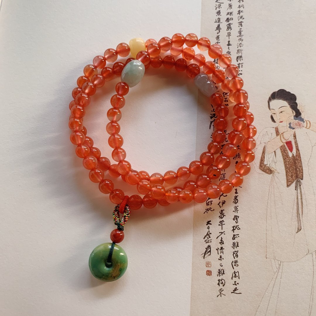 锦窗。天然保山飘红玛瑙三圈手串 翡翠葫芦蜜蜡古典绿松石平安扣 - 手链/手环 - 玉石 红色