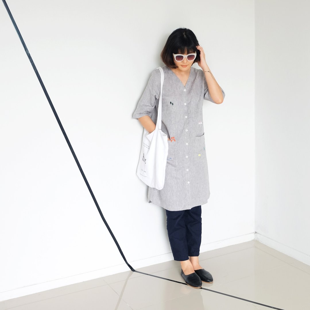 Vee Pocket Dress - Grey Stone - 洋装/连衣裙 - 棉 灰色