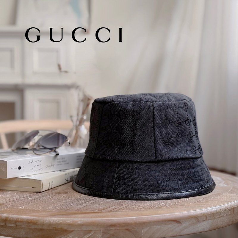 极美品 GUCCI vintage GG 黑色帆布拼接渔夫帽 - 帽子 - 棉．麻 黑色
