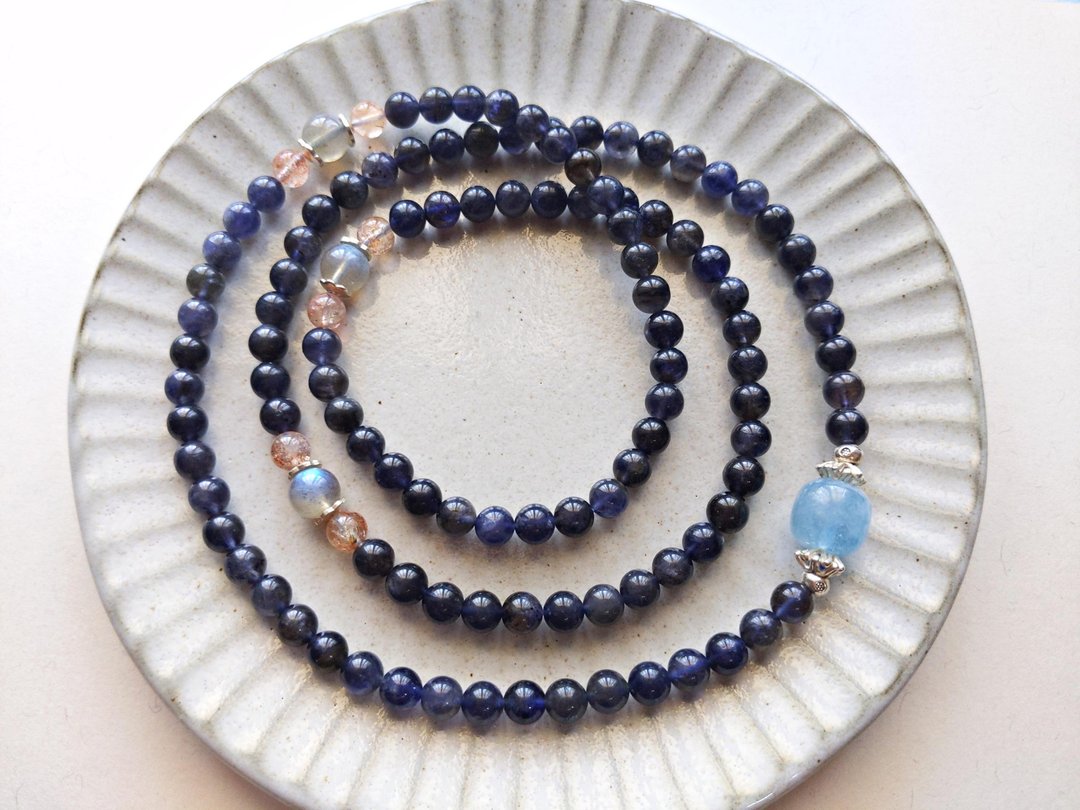 ORLI Jewelry 天然堇青石108颗念珠 堇青石多圈手链海蓝宝925纯银 - 手链/手环 - 宝石 蓝色