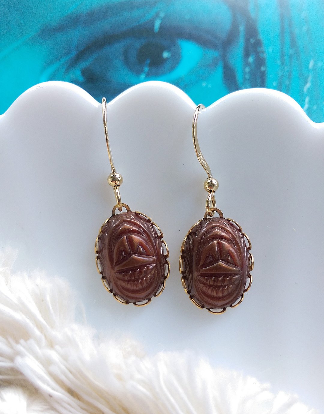 Vintage Jewelry 西洋古董饰品 圣甲虫 咖啡色 耳勾针 针式耳环 - 耳环/耳夹 - 其他材质 金色