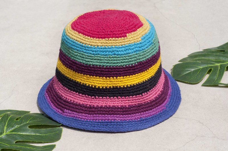 钩织棉麻帽 渔夫帽 遮阳帽 拼布帽 棉麻帽 手工编织帽-彩虹冰淇淋 - 帽子 - 棉．麻 多色