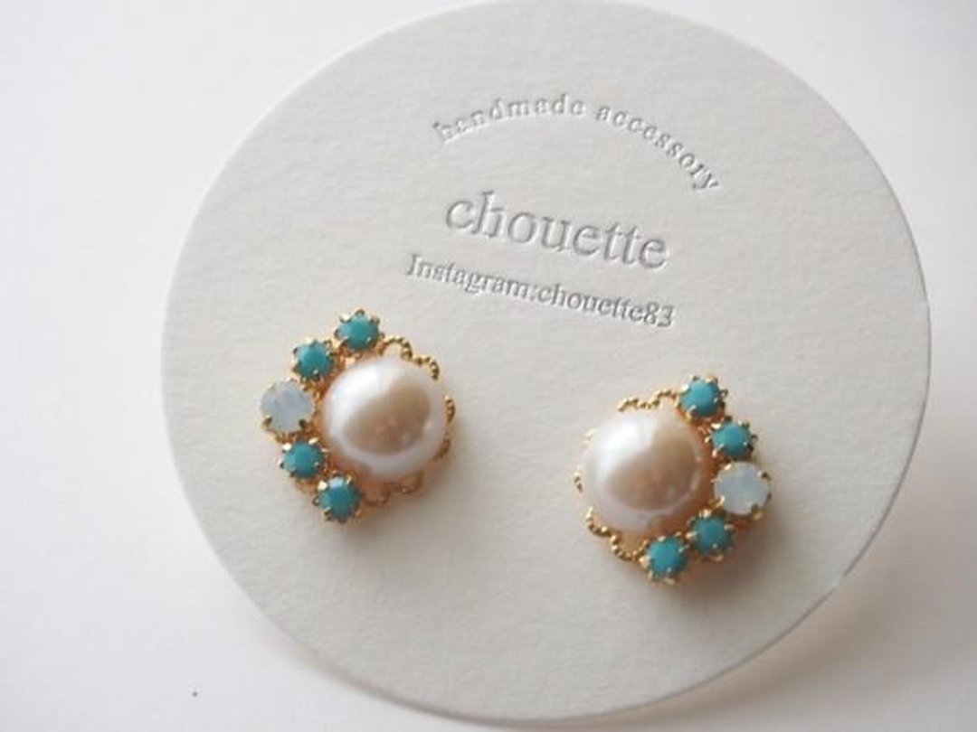 Pearl Bijou earrings and pierced turquoise - 耳环/耳夹 - 其他金属 