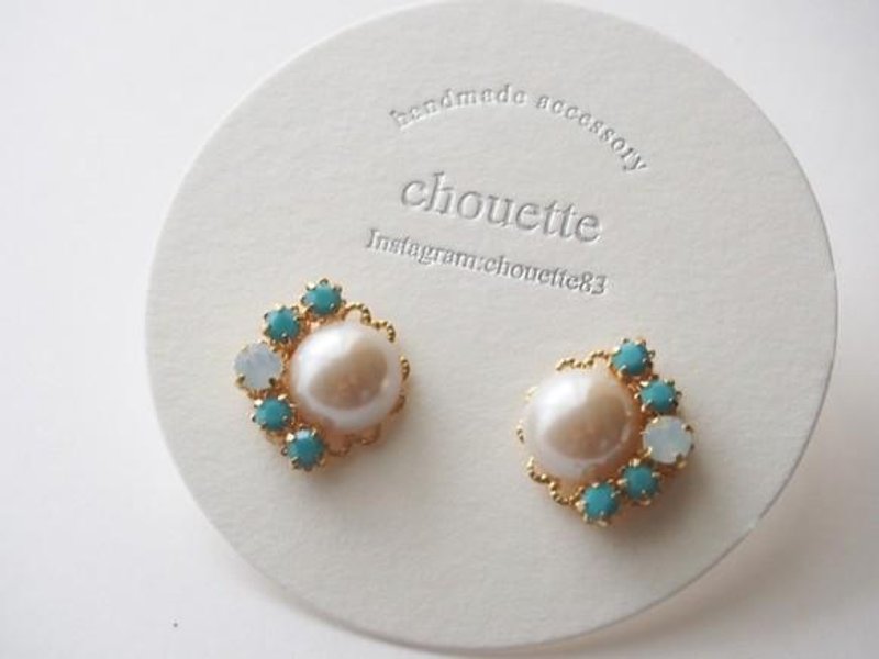 Pearl Bijou earrings and pierced turquoise - 耳环/耳夹 - 其他金属 