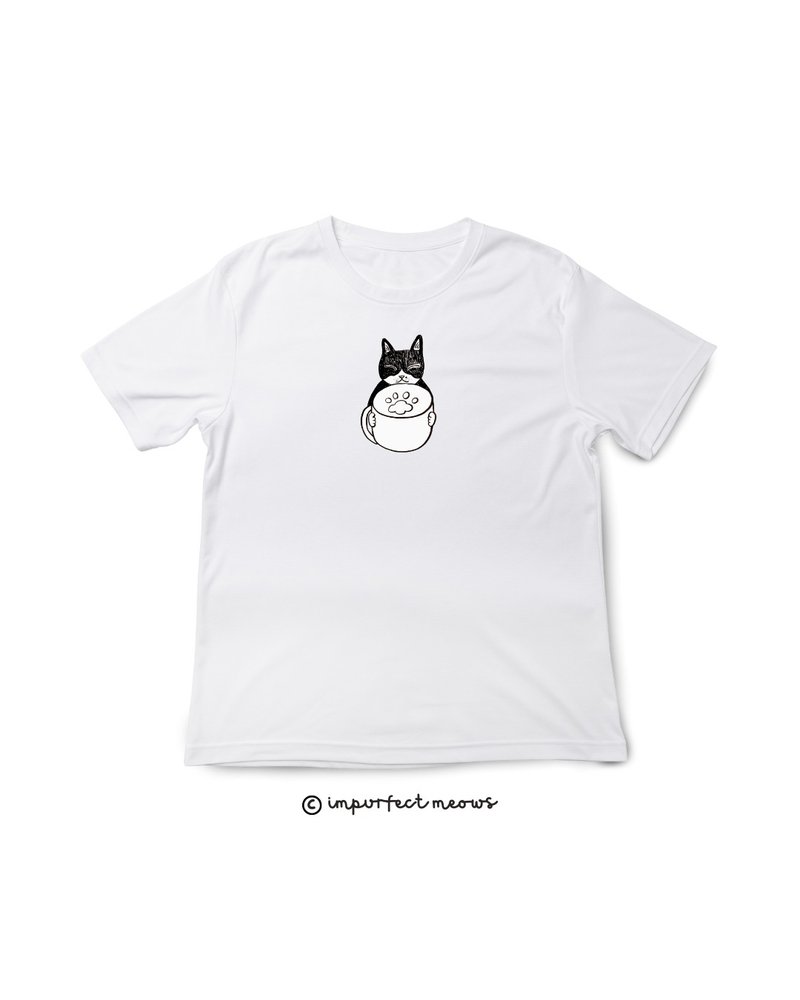 不完美猫咪 Impurfect Meows | 咖啡猫T-Shirt - 白/卡其色 - 中性连帽卫衣/T 恤 - 棉．麻 多色