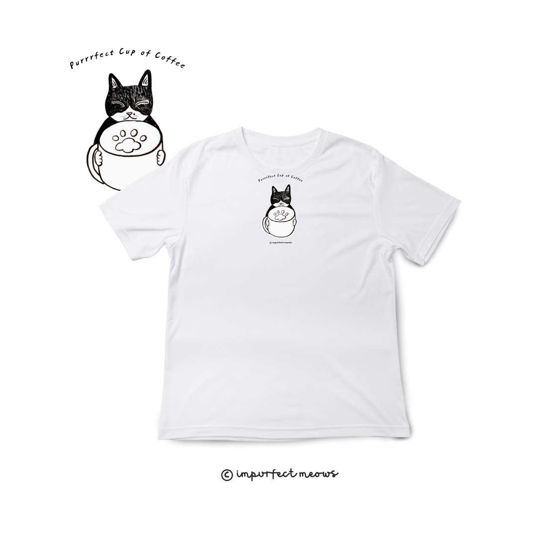 不完美猫咪 Impurfect Meows | 咖啡猫T-Shirt - 女装 T 恤 - 棉 白色