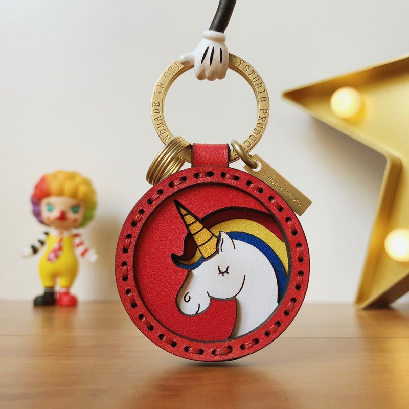 獨角獸原创设计牛皮钥匙扣挂件情侣生日礼物送男友女友客制化礼品 - 钥匙链/钥匙包 - 真皮 红色